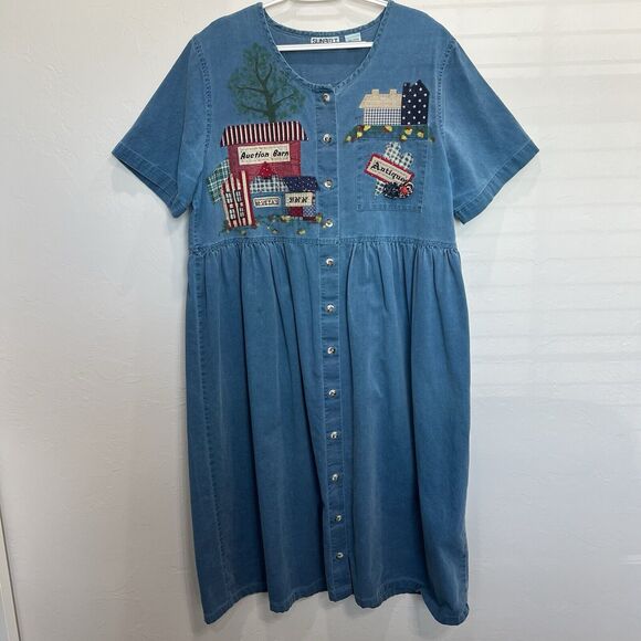Vtg Sunbelt XL Antiques Action Barn Mumu Patio Dress Chambray Embroider Buttons - Picture 2 of 10
